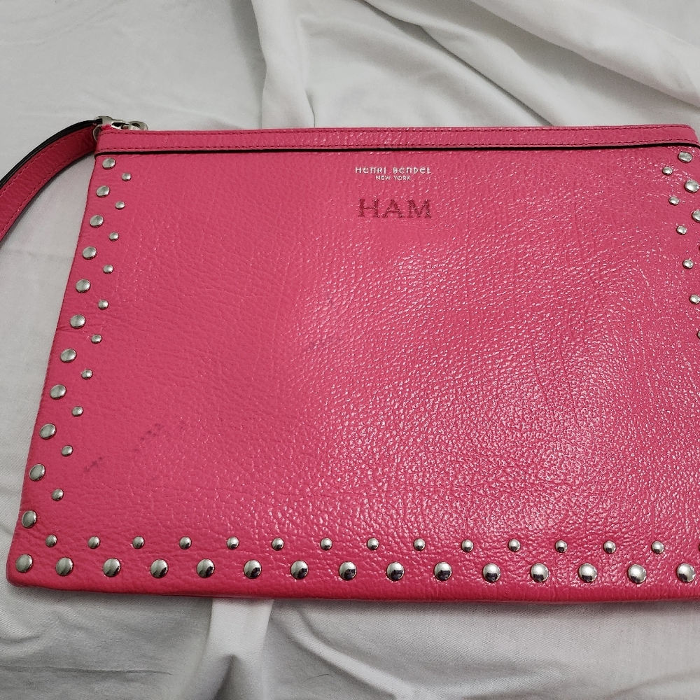 Henri Bendel Dakota Pouch Pink Patent Leather Wristlet Monogram HAM